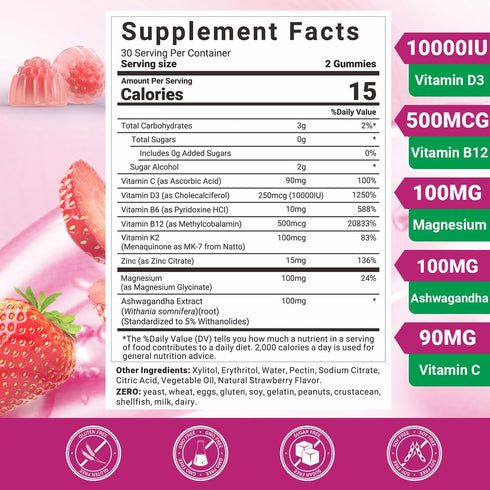 Wiszeen D3 B12 Gummies, D3 10000 B12 500mcg D3 B12 K2 Immune Vitamin Vitamin IU & Methylated for Adults, Vitamin