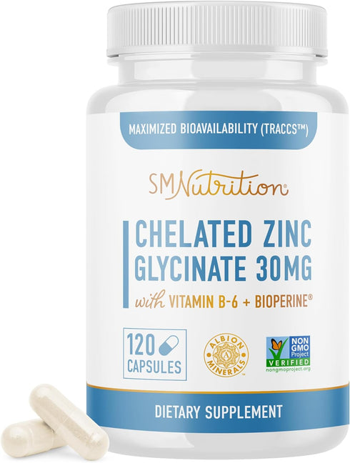 Chelated Zinc Supplements | Zinc Glycinate 30mg | TRAACS Chelated Zinc Bisglycinate, Vitamin B6 & BioPerine | Immune
