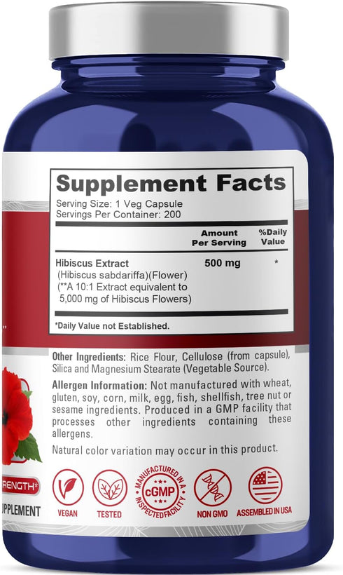 NusaPure Hibiscus Flower 10:1 Extract - 500 mg Equivalent to 5000mg, 200 Vegetarian Caps