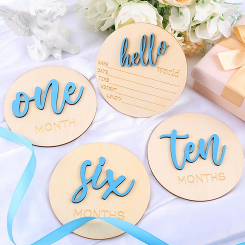 HIYZI 7 3D 1-12 PCS Baby Monthly Milestone Wooden Signs Girl Baby Months Announcement Card Sign Wood Markers Disc Block