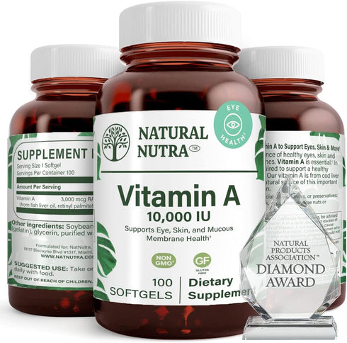 Natural Nutra Vitamin A 10,000 IU Softgels, Gluten-Free Eye and Skin Vitamins, 100 Softgels