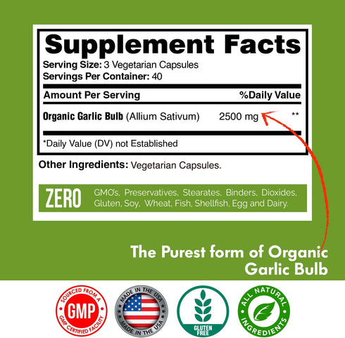 Garlic Capsules 2500mg - Made with Organic Garlic Bulbs, California US Grown - Natural Immune Support Supplement 40 Day Supply