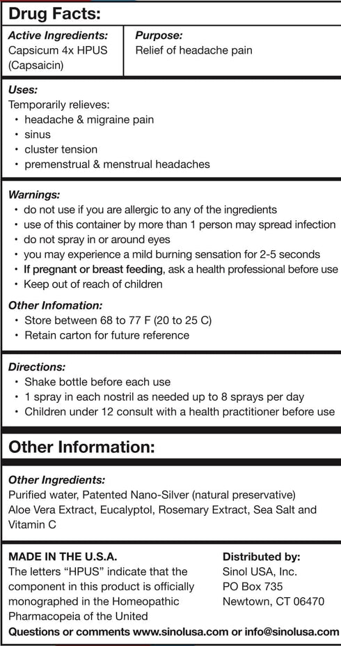 Sinol Headache Relief Spray, Over-The-Counter Nasal Decongestant, 15 ml for Migraine, Tension, Sinus Relief