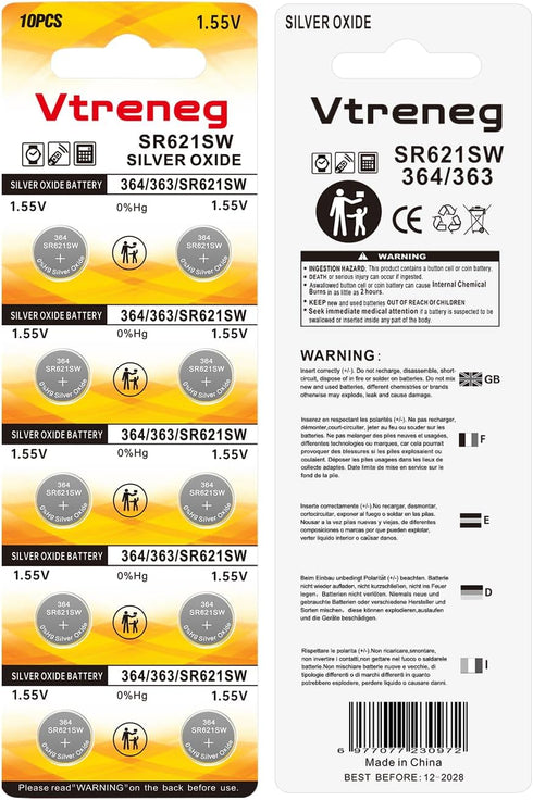 Vtreneg 10 Pack 364 SR621SW 363 164 AG1 1.55V Watch Battery Silver Oxide Battery