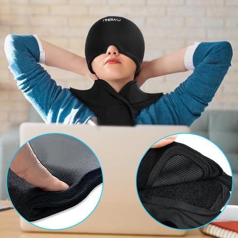iTHERAU Migraine Relief Cap & Neck Ice Pack, 2Pcs-Set Reusable Headache Hat Ice Pack Mask, Gel Cold Compress Head Wrap