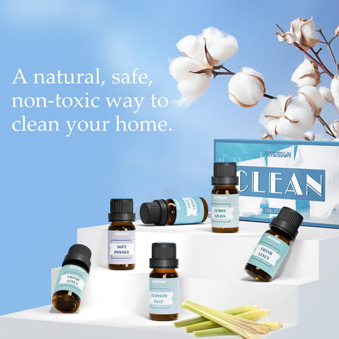 Clean Essential Oils Set, ARVIDSSON Premium Fragrance Oil for Clean Home, Soap Making - Clean Cotton, Fresh Linen, Clean Air, Soft Powder, Blossom Soap, Lemongrass
