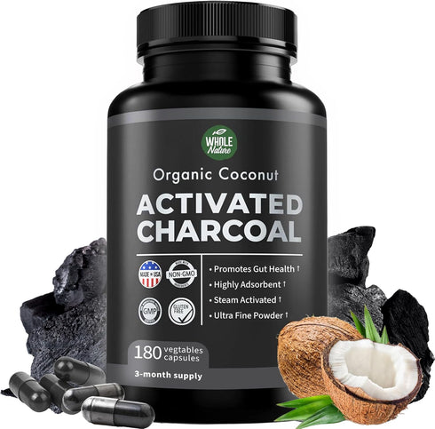 Pure Coconut Activated Charcoal Capsules, 180 Charcoal Pills for Teeth Whitening, Bloating, Body Cleansing, Vegan