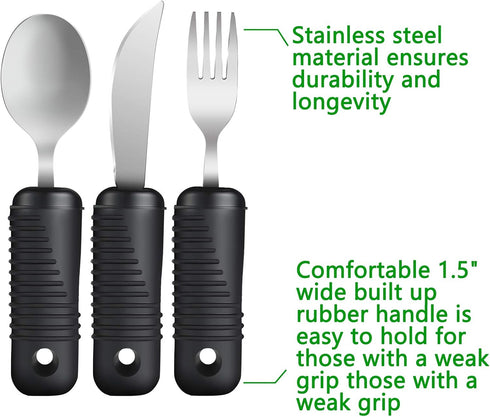 YPC Adaptive Utensils, Easy Grip Silverware, Built-Up Fork, Spoon, Rocker Knife for Adults with Arthritis, 3 Piece Set