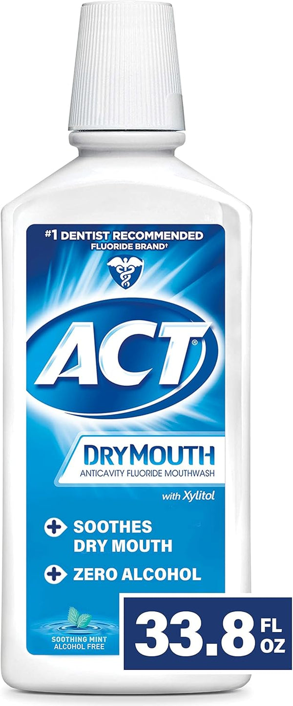 ACT Dry Mouth Anticavity Mouthwash, Zero Alcohol Fluoride, Soothing Mint, 33.8 fl. oz.