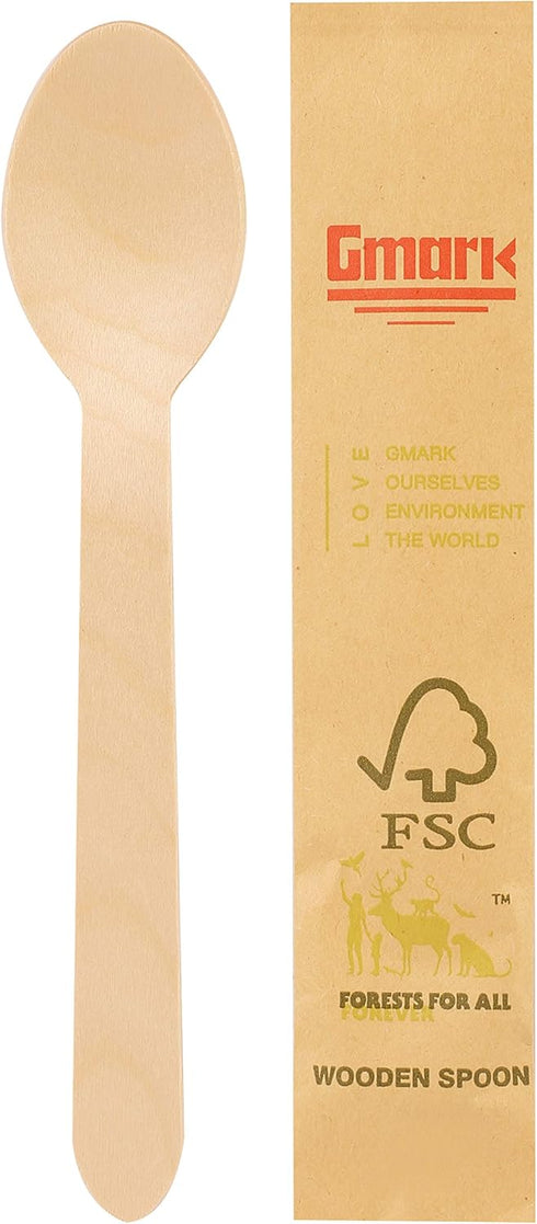 Gmark Disposable Wooden Spoons, Paper Wrapped, Pack of 100, 6.5" Spoons, 100% All-Natural, Eco-Friendly, Biodegradable