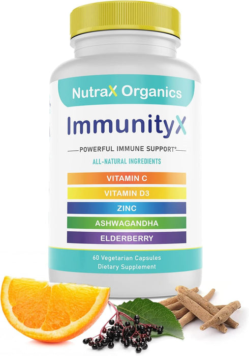 All-in-One Organic Immune Support Supplement 60 Vegan Capsules - Elderberry 500mg, Ashwagandha 500mg, Vitamin C and Zinc