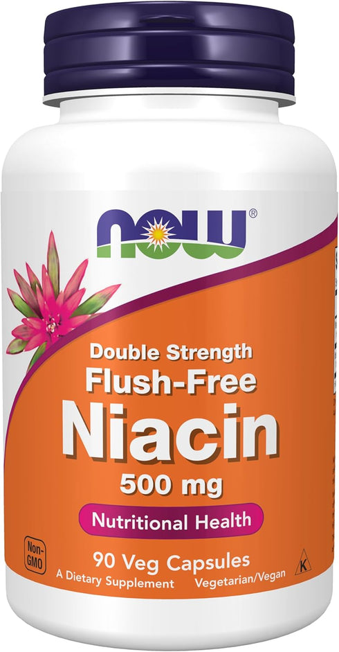 NOW Supplements, Niacin (Vitamin B-3) 500 mg - Flush-Free, Double Strength, Nutritional Health, 90 Veg Capsules