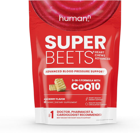 humanN SuperBeets Heart Chews - 100mg CoQ10 with Beetroot & Grape Seed Extract, 60 Count