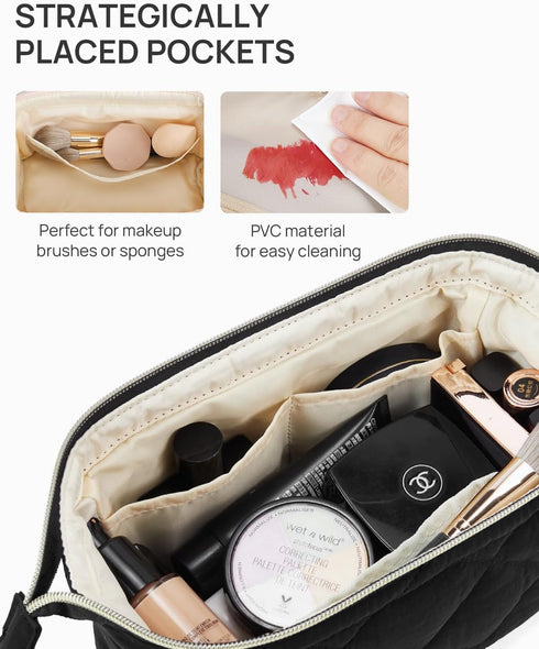 Telena Puffer Makeup Bags for Women: Nylon Puffy Padded Makeup Organizer Case, Wide-Open Travel Pouch