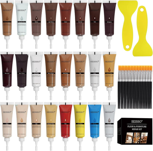 Wood Furniture Repair Kit and Filler Set of 50 with Brushes, Plastic Scraper, 24 Colors for Stains, Scratches, Tables
