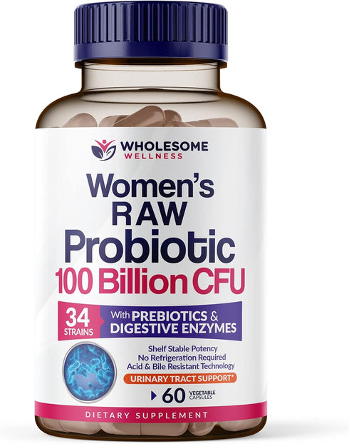 Wholesome Wellness Dr. Formulated Raw Probiotics for Women, 100 Billion CFUs Capsules with Prebiotics