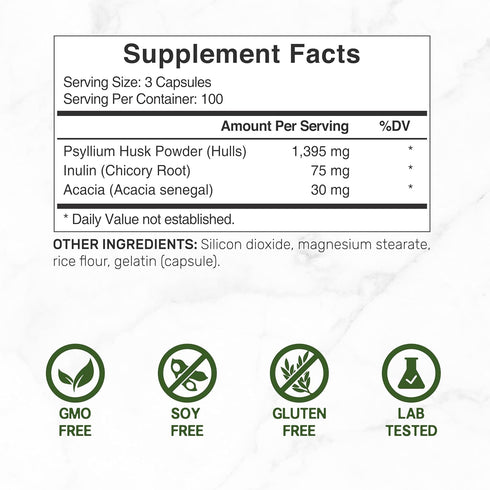 Psyllium Husk 1500mg Per Serving, 300 Capsules – 3 in 1 Fiber with Inulin & Acacia Complex – Natural Soluble Fiber Supplement, Supports Digestive Health – Plant Based, Non-GMO