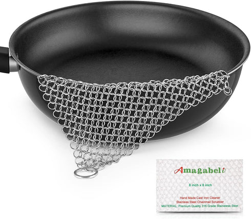 AMAGABELI GARDEN & HOME 8” x 8” 316 Stainless Steel Cast Iron Cleaner, Chainmail Scrubber for Dishes