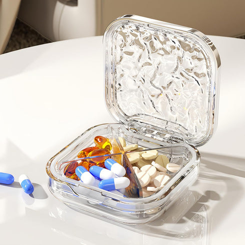 Rylynn (4 Stylish Pill Organizer Crytal Clear, Waterproof Pill Case for Daily Vitamins, Medicine, Supplements, Travel