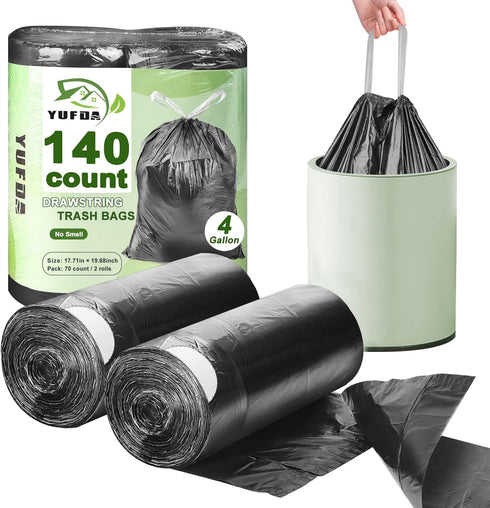 YUFDA 140 Count Small Trash Bags, 4 Gallon Drawstring, Black Bathroom Garbage Bags
