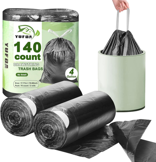 YUFDA 140 Count Small Trash Bags, 4 Gallon Drawstring, Black Bathroom Garbage Bags