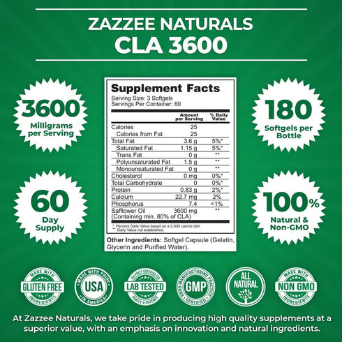 Zazzee High Potency CLA 3600, 180 Softgels, 3600 mg per Serving, Non-GMO, Made in The USA