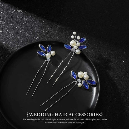 Latious Pack of 3 Bride Wedding Hair Pins, Pearl Bridal Hair Piece with Blue Crystal Hair Clips (Silver)