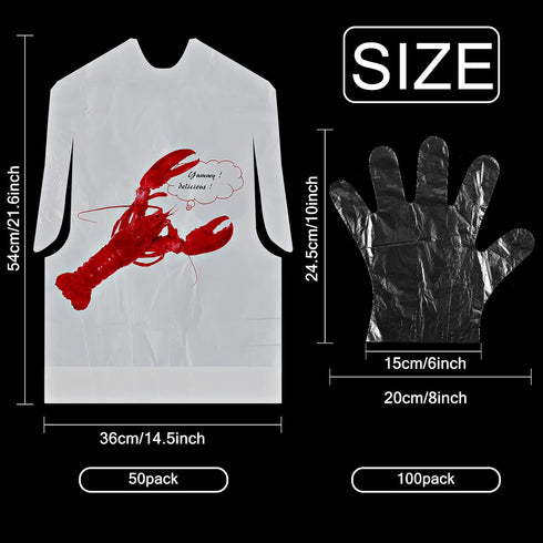 50pcs Crab Lobster Bibs and 50 Pairs of Plastic Disposable Gloves Disposable Adult Crab Feast Bibs for Seafood(Lobster Style)