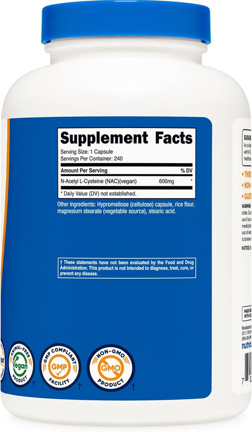 Nutricost N-Acetyl L-Cysteine (NAC) 600mg, 240 Vegetarian Capsules - Vegan, Non-GMO, Gluten Free for Antioxidant Support