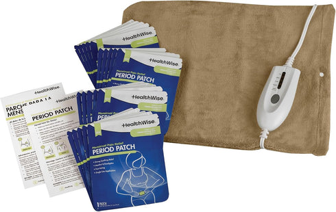 HealthWise Menstrual Pain Relief Bundle, 20Ct Menthol + Eucalyptus Period Patches, Heating Pad for Therapeutic Care