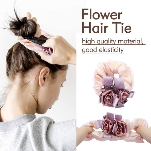 inSowni 7 Pack Sparkly Crystals Pearls Rose Flower Lace Hair Scrunchies, Fancy Decorative Accessories for Women Girls
