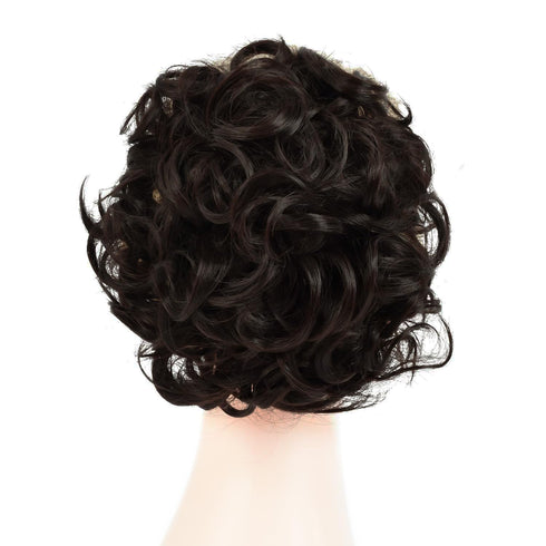 Rose Bud Chignon Hairpiece Curly Bun Extensions Scrunchie Updo Synthetic Combs for Women, Dark Brown