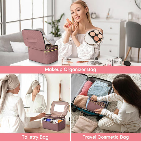 Large Makeup Bag with Mirror, Double Layer Travel Organizer Case, High Capacity Cosmetic Bag with Brush Slot Divider