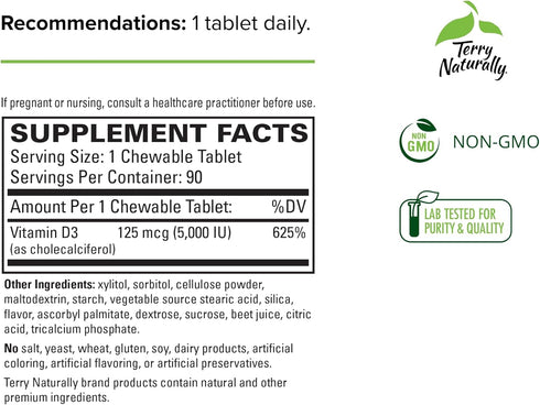 Terry Naturally Vitamin D3 5,000 IU - 90 Chewable Tablets, Mixed Berry Flavor - Supports Strong Bones, Teeth & Immune System - Non-GMO, Gluten Free - 90 Servings