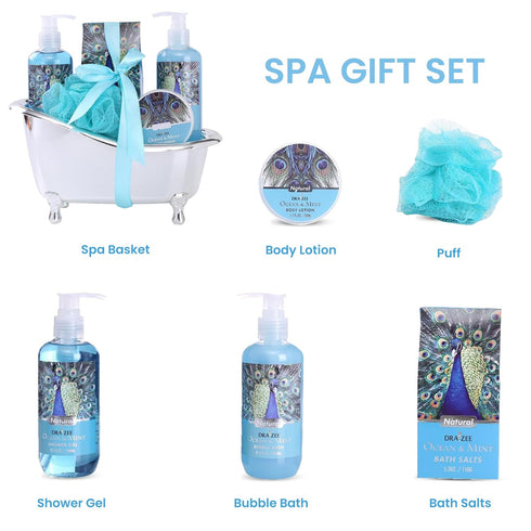 Spa Gift for Women - 5 Pcs Spa Basket with Ocean Mint Scented Bath and Body Products