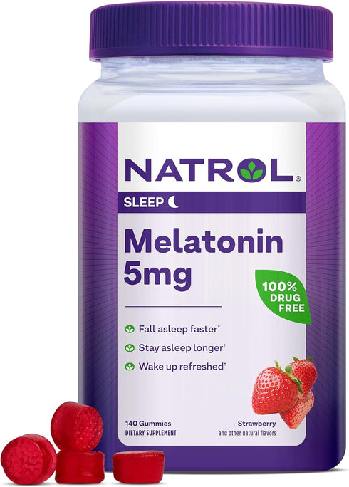 Natrol Melatonin Gummies 5mg - 140 Strawberry-Flavored Gummies for Sleep Support, 70 Day Supply for Adults