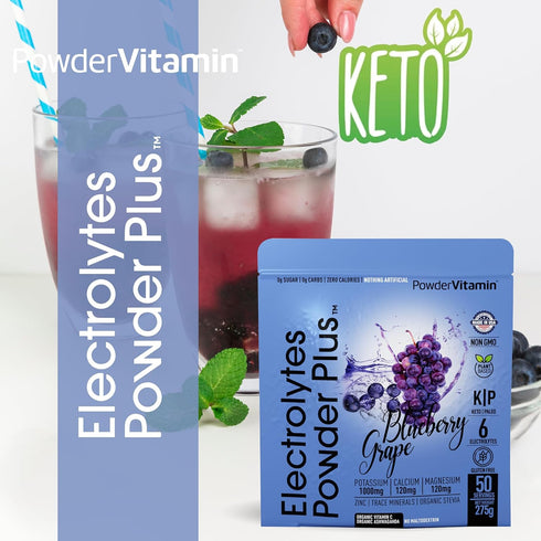 Hydration Powder Electrolytes Plus (50 Servings), 0 Calorie Keto, 0 Sugar, 1000mg Potassium, Blueberry Grape