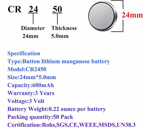 Taysing 25 Pack 3V CR2450 ECR2450 High Capacity Lithium Button Coin Cell Batteries Used in Most Electronic Devices