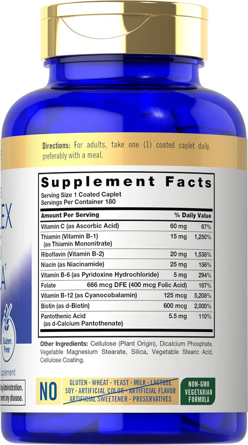 Carlyle Stress B-Complex Vitamin Supplement | 180 Caplets | with Vitamin C | Non-GMO and Gluten Free