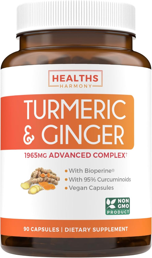 Turmeric and Ginger Supplement (Non-GMO), 90 Capsules - 1980mg Serving, Joint Support with Black Pepper