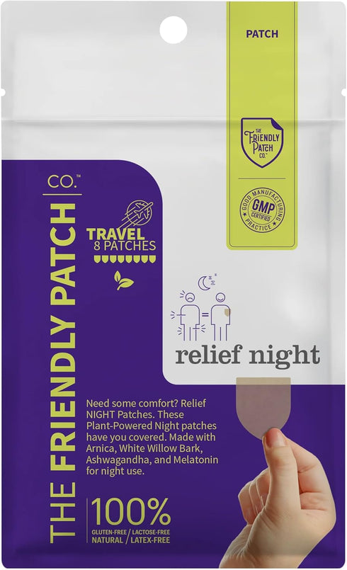Relief Night Patch - 8 pack with Arnica, White Willow Bark, Melatonin for Soreness and Sleep