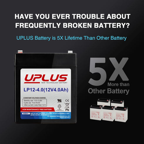 UPLUS 12 Volt 4AH Rechargeable AGM Battery, LP12-4 SLA Replacement for Security Control Panel, Garage Door Opener