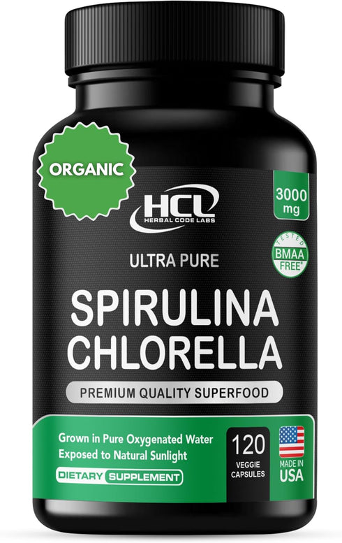 Chlorella Spirulina Powder Capsules - Organic 3000 mg Purest Blue Green Algae, Best Natural Detox Superfood