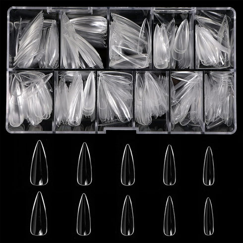 Press On Nails Set, 500pcs Long Stiletto Nail Tips, Clear Full Cover, Nail Kit with Case
