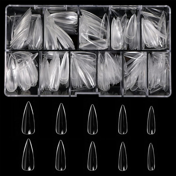 Press On Nails Set, 500pcs Long Stiletto Nail Tips, Clear Full Cover, Nail Kit with Case