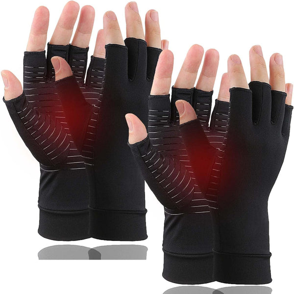 2 Pairs Copper Arthritis Gloves, Fingerless Compression Gloves for Pain Relief and Healing (Black, Medium)