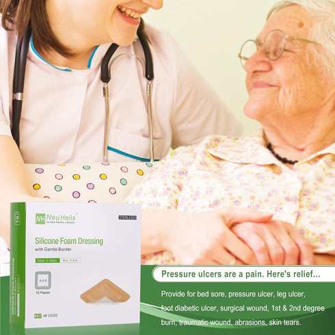 NeuHeils Silicone Adhesive Foam Dressing with Gentle Border 4''x4'' for Bed Sore Leg Ulcer, 10 Pack, High Absorbency