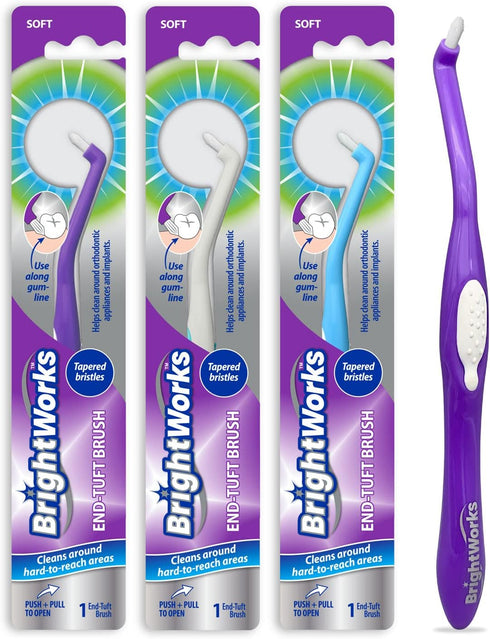 BrightWorks Manual End Tuft Brush, Pack of 3, Cleans Difficult Areas Around Crowns, Bridges, and Implants
