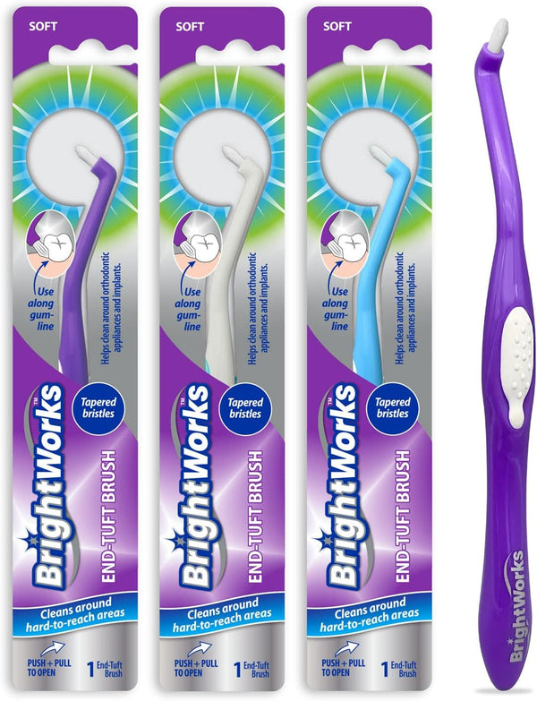 BrightWorks Manual End Tuft Brush, Pack of 3, Cleans Difficult Areas Around Crowns, Bridges, and Implants