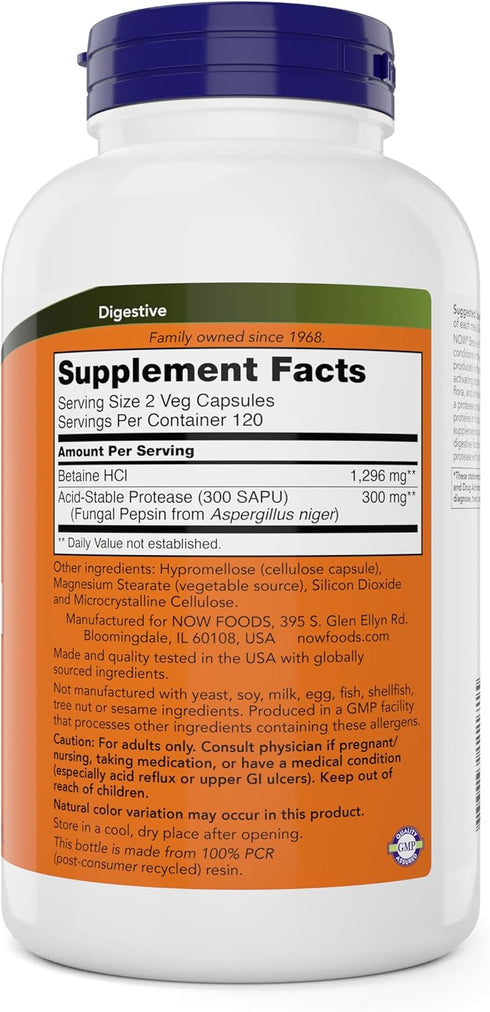 NOW Betaine HCl 648mg - Digestive Enzymes Supplement with Pepsin Protease for Protein Digestion Support - 240 Veg